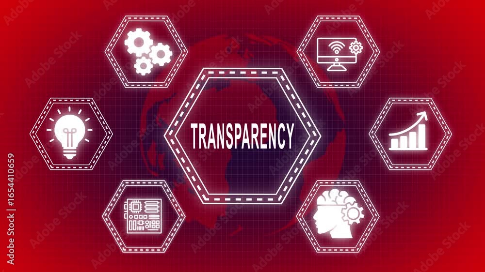 Poster digital transparency concept with icons representing technology and innovation on red background