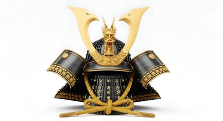 A simple samurai-style armor helmet with metal detailing, clean and white background