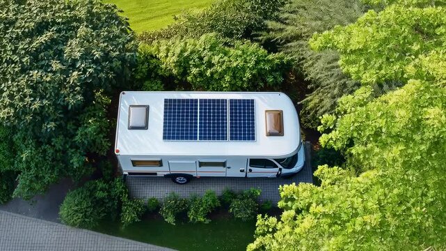 Solar-powered camper parked among lush greenery in natural setting  