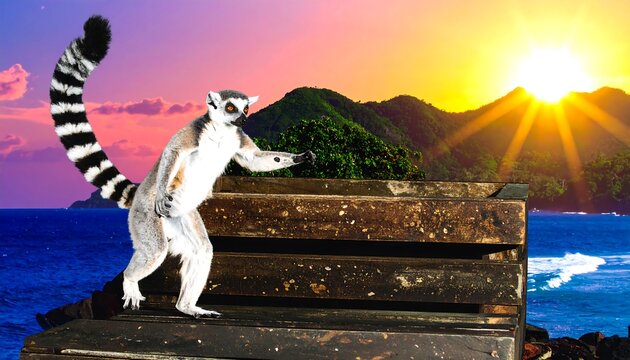 A lemur stands poised on a weathered wooden bench, overlooking a vibrant sunset over the ocean and tropical isles.