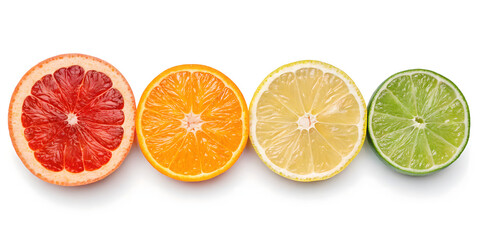 Sliced fresh oranges and limes with healthy citrus fruits isolated on a white background