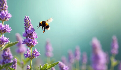 Close-Up of Bee and Lavender Flowers Springtime Pollinator Scene