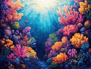 A vibrant illustration of an underwater coral reef teeming with marine life, but with no animals present.