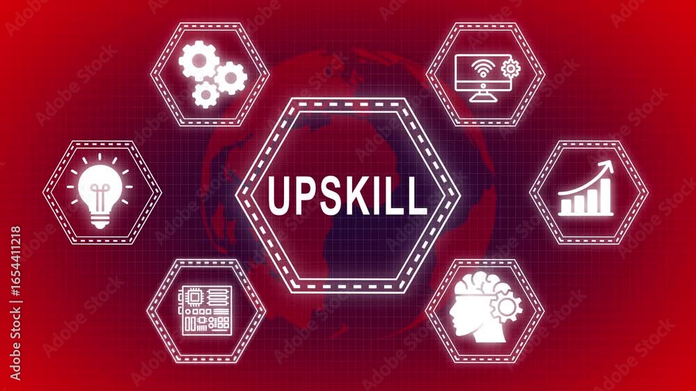 Poster upskilling concept with animated icons displaying technology and brain power