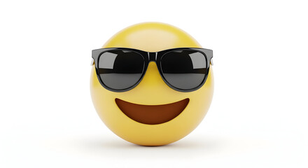 Cool yellow emoji wearing black sunglasses smiling with open mouth on white background