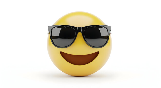 Cool yellow emoji wearing black sunglasses smiling with open mouth on white background