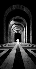 Dark, arched hallway with light source