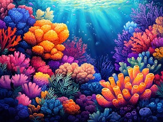 A vibrant illustration of an underwater coral reef teeming with marine life, but with no animals present.