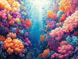 A vibrant illustration of an underwater coral reef teeming with marine life, but with no animals present.