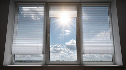 Window view with blinds, bright sun shining through, blue sky with puffy clouds, sunny day, serene scene.