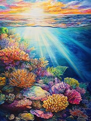 A vibrant illustration of an underwater coral reef teeming with marine life, but with no animals present.