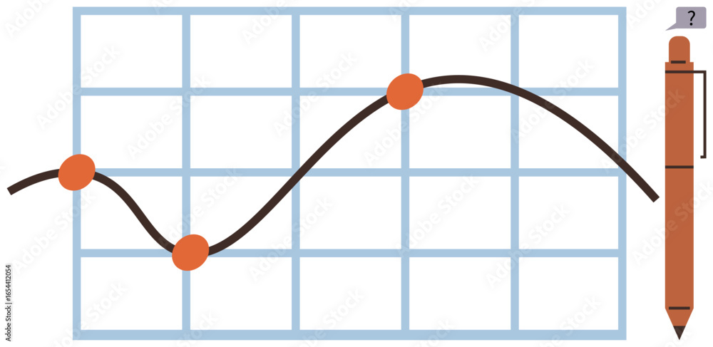 Poster line graph with four plotted points over grid background, pen highlighting analysis and planning. id