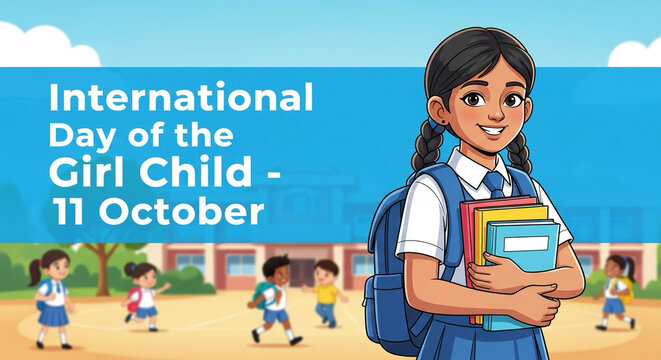 Illustration of smiling schoolgirl holding books with text overlay “International Day of the Girl Child – 11 October”.