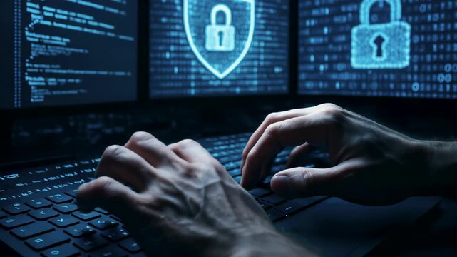 Security analyst defends network typing alerts, cybersecurity dashboard flashes warnings that skilled cybersecurity expert quells keeping vital cybersecurity shield strong. Concept digital protection