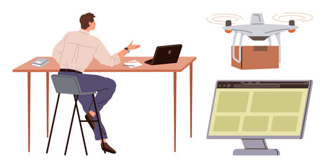 Man operating drone with parcel delivery using laptop, interacting with large monitor interface. Ideal for logistics, automation, e-commerce, technology, productivity, innovation, remote operations
