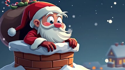 comical christmas scene of santa claus trapped in chimney with bag of gifts as snow falls. lighthearted new year cartoon animation with copy space for seasonal text or wishes - Powered by Adobe