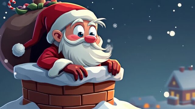 comical christmas scene of santa claus trapped in chimney with bag of gifts as snow falls. lighthearted new year cartoon animation with copy space for seasonal text or wishes - Powered by Adobe