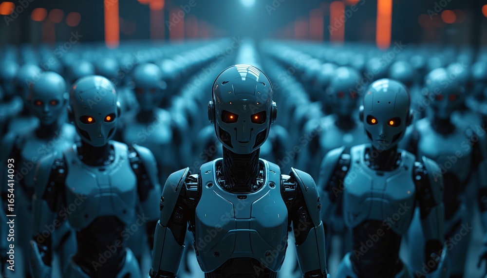 Poster futuristic robots with glowing orange eyes stand in a dark, blue-lit environment. rows of identical 
