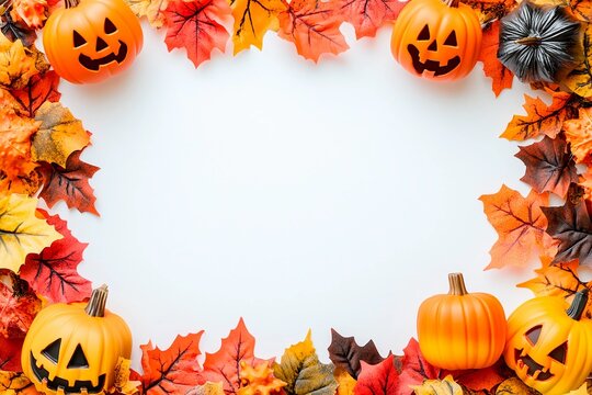 Blank Halloween card background decorated with pumpkins and autumn leaves for festive celebration