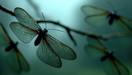 Silhouetted, translucent insects on a branch, moody light