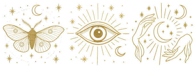 Naklejka premium PNG Mystical gold celestial designs, element set on transparent background