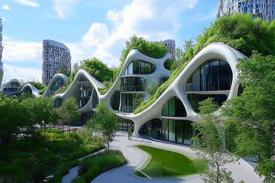 Exploring a futuristic city with bionic buildings showcasing unique architectural designs and advanced urban planning