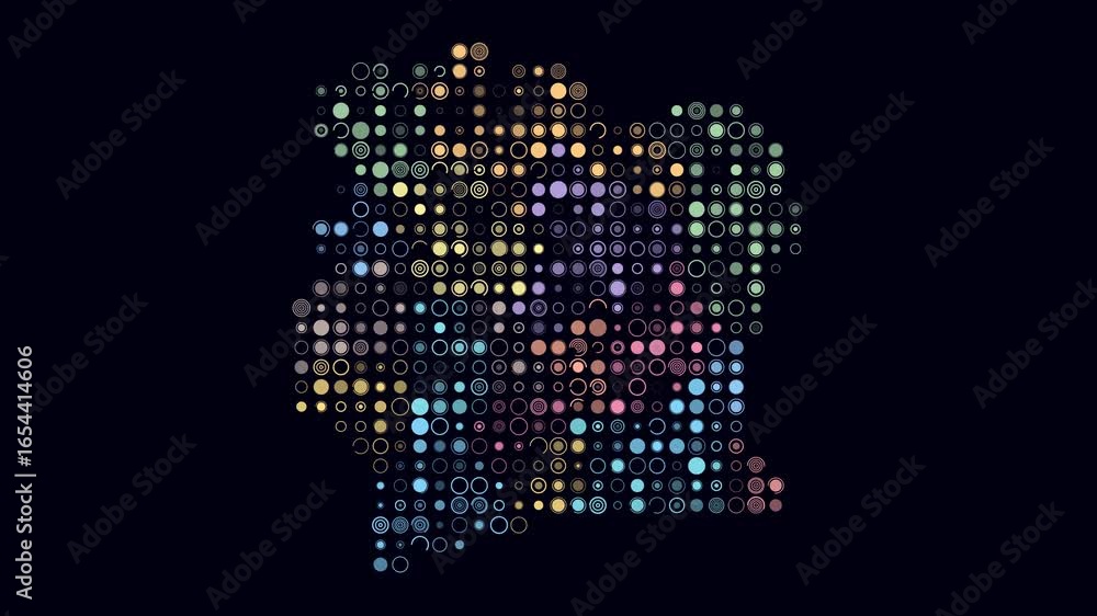 Poster cote d'ivoire map animation. shape of the country with pulsating colored dots. large size circle blo
