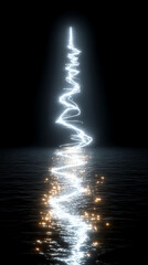 Neon wavy impulse line glowing with electric energy, reflected on water surface, symbolizing pulse, power, and futuristic digital flow.