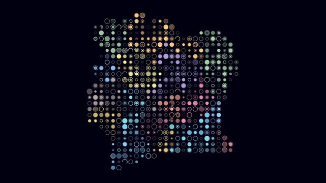 Cote d'Ivoire map animation. Shape of the country with pulsating colored dots. Large size circle blocks. Digital style Cote d'Ivoire map on dark background. Stylish video.