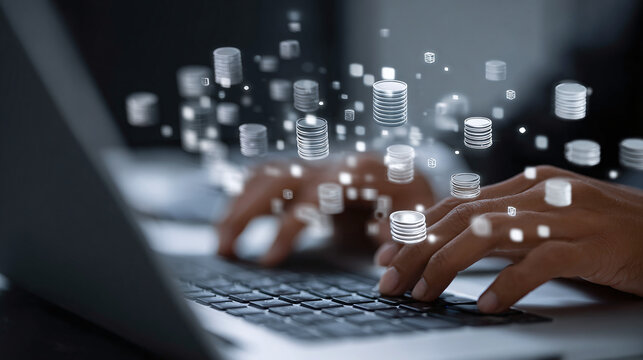 Virtual currency trading: keyboard, data stacks in air. Innovative tech meets finance. User types, managing digital assets. Secure transactions depicted.