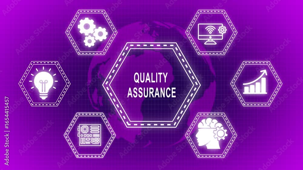 Poster animated icons representing quality assurance concepts for business and technology
