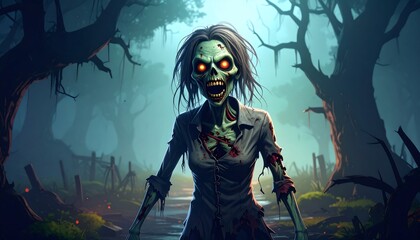Obraz premium A terrifying zombie woman in a spooky forest.