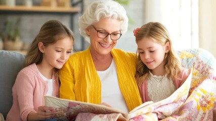 Senior woman with gray hair wearing glasses and yellow cardigan reading book with two young girls and child on cozy sofa, sharing happiness and warm family bonding in bright living room - Powered by Adobe