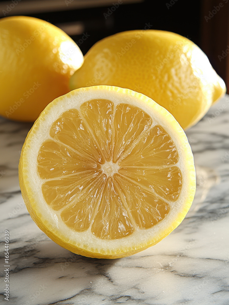 Poster sliced lemon with two whole lemons on a marble background
