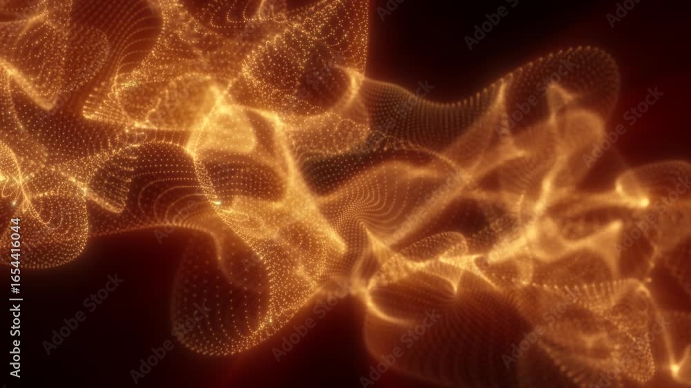 Poster golden abstract wave structure made of light particles floating over a deep red background, symboliz