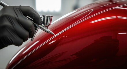 Artist airbrushing custom pinstripes on a red motorcycle gas tank in a workshop