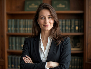 A confident female lawyer stands with her arms crossed in a modern office.