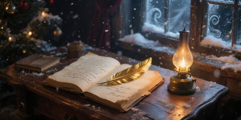 Vintage book with golden quill on wooden desk in snowy holiday setting for Christmas