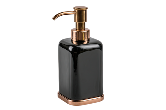 A black, rectangular soap dispenser with a rose gold accent.  Rose gold pump and trim around the base
