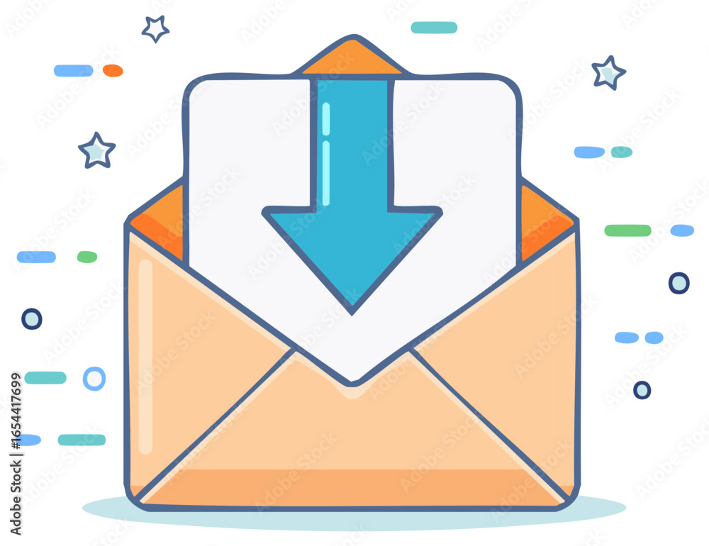 Aufkleber stylized open envelope with a blue arrow pointing down signifying new message or download
