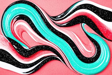Abstract swirls of vibrant paint in turquoise, coral, black, and white, on a pink background