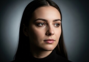 Fototapeta premium Thoughtful young woman portrait with dark hair and soft lighting
