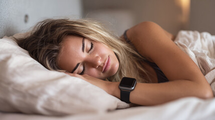 Woman sleeping peacefully in bed with smartwatch on wrist, enjoying restful sleep and wellness. Restful nap on a comfy pillow.