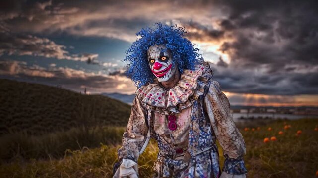 scary clown with blue hair wanders through a pumpkin patch under a sky with storm clouds, Halloween footage and dark video for scary scenes for the autumn holidays