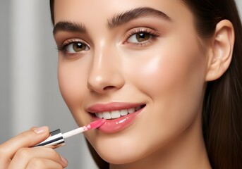 Obraz premium Woman Applying Lip Gloss in a Studio Setting, Close-Up Portrait, Natural Light, Glamour Concept