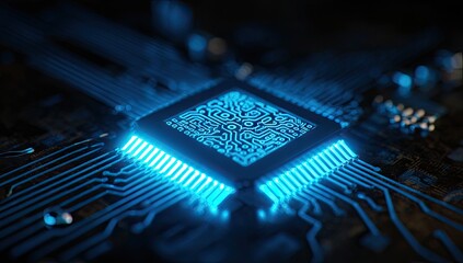 Close-up of a glowing microprocessor on a circuit board