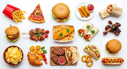 Assortment of delicious fast food items isolated on white