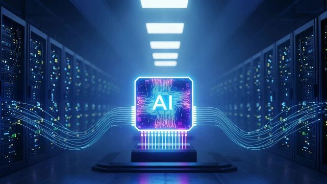 Dynamic AI processor illuminates data center, showcasing modern technology innovation concept