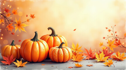 Naklejka premium Bright orange pumpkins with vivid maple leaves on table in warm sunlight. Autumn still life, for Thanksgiving, harvest themes