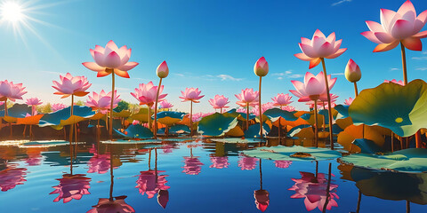 Pink Lotus Flowers Blooming in a Serene Sunlit Pond